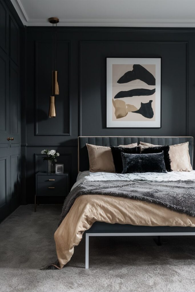 minimalist bedroom with combination of black and champagne color bedding