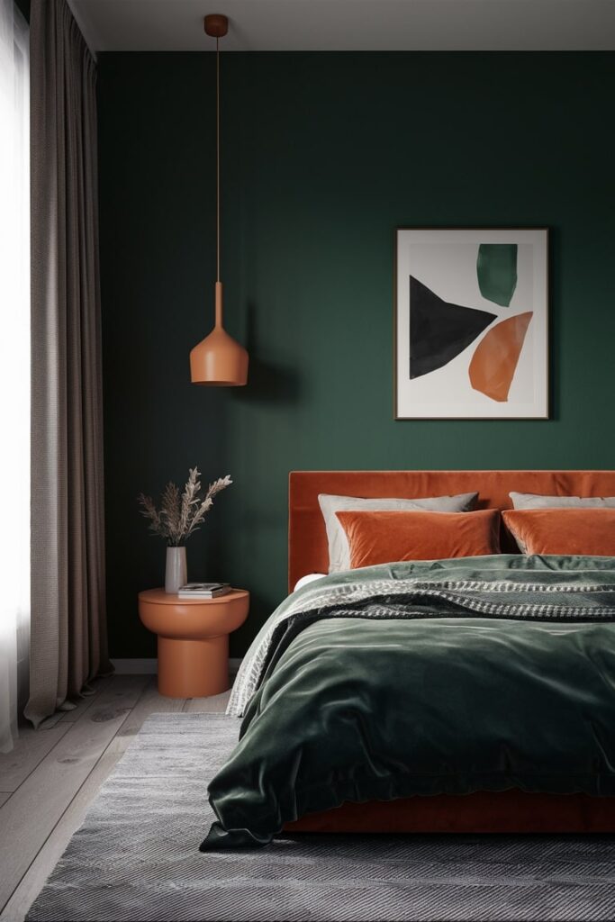 minimalist bedroom with primary dark green color walls and orange bed, bedside table