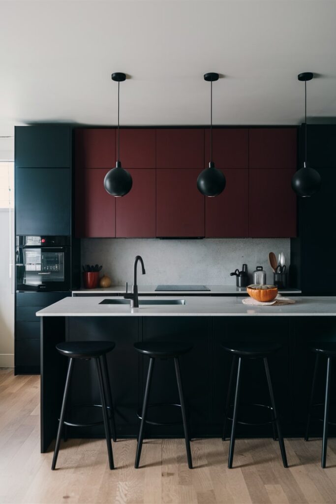 minimalist kitchen with base black color and burgundy upper cabinets