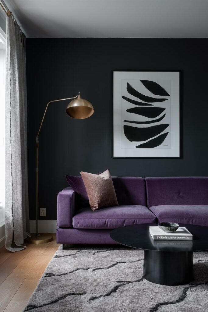 minimalist living room with black color walls and purple couch