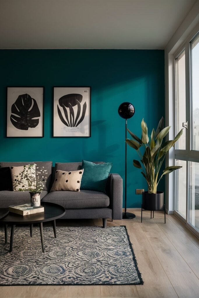 minimalist living room with combination of black decor coffee table, floor lamp, plant pot and teal wall