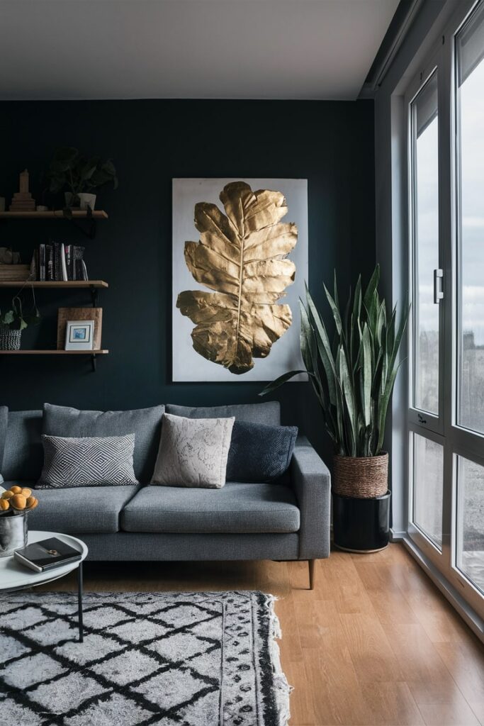 minimalist living room with combination of black wall color and gold artwork decor