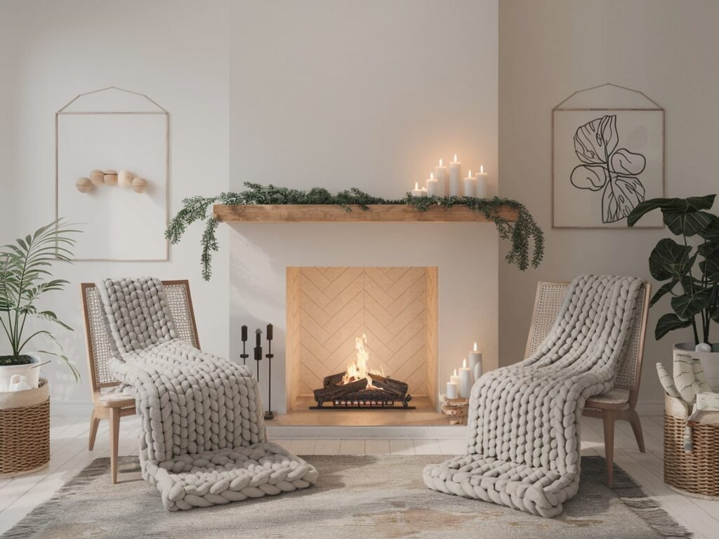 minimalist Scandinavian Hygge Christmas fireplace with a small natural garland