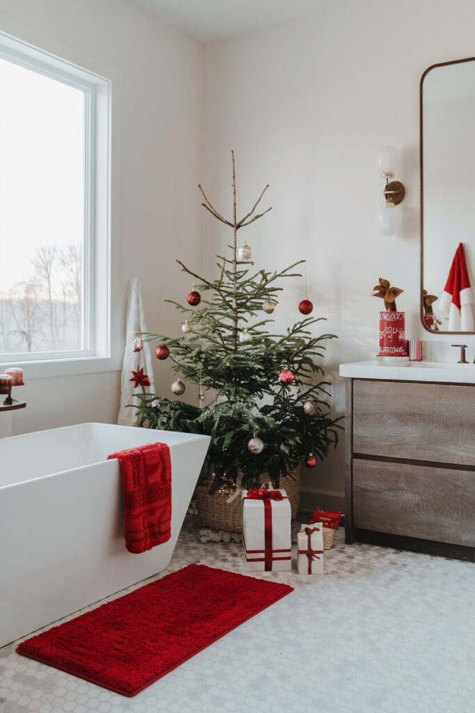 modern bathroom adorned with festive decorations red bath mat and towel