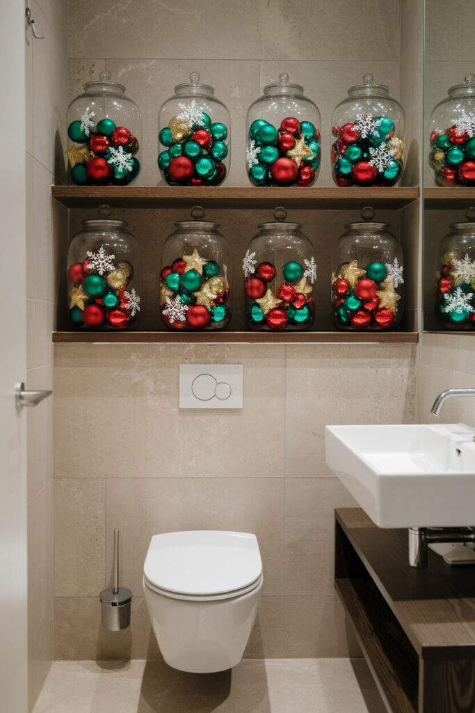 colorful ornaments in glass jars on the shelves in the modern bathroom that features beige tiles on the walls