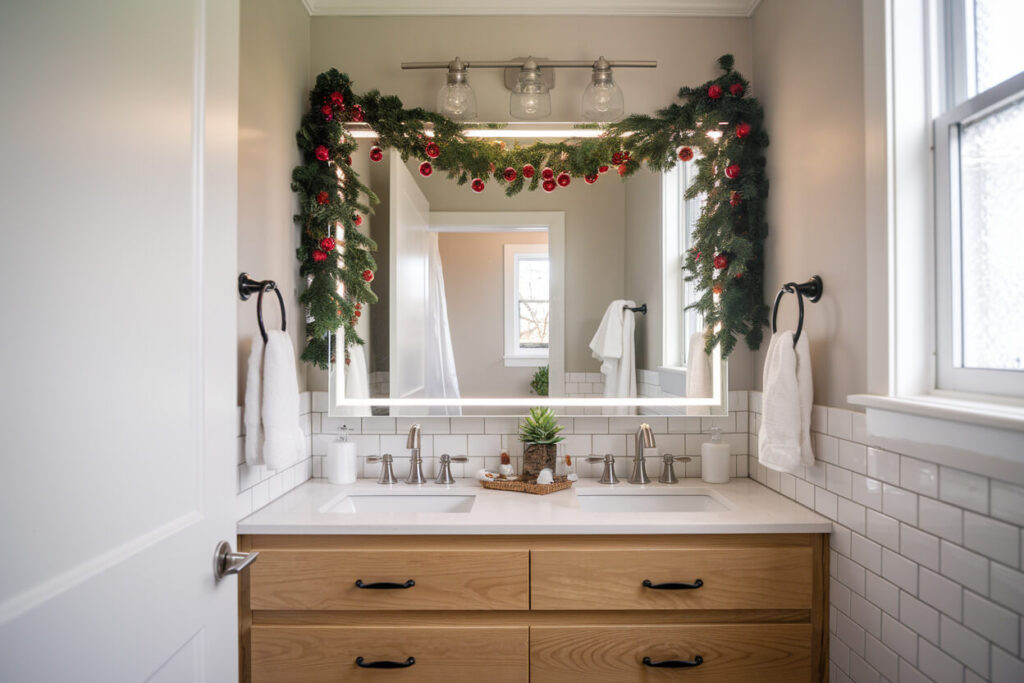 modern bathroom mirror decorated with a faux pine garland for Christmas, wooden vanity