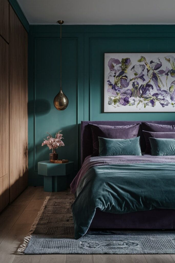 modern bedroom with combination of dark green walls, bedside table and purple bedding