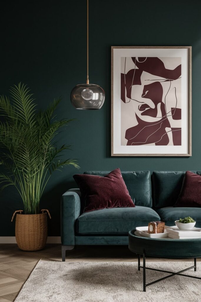 modern dark green and maroon living room with maroon decor pillows, wall art