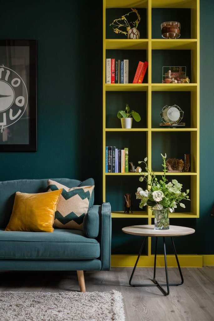 modern dark green and yellow living room with book shelves