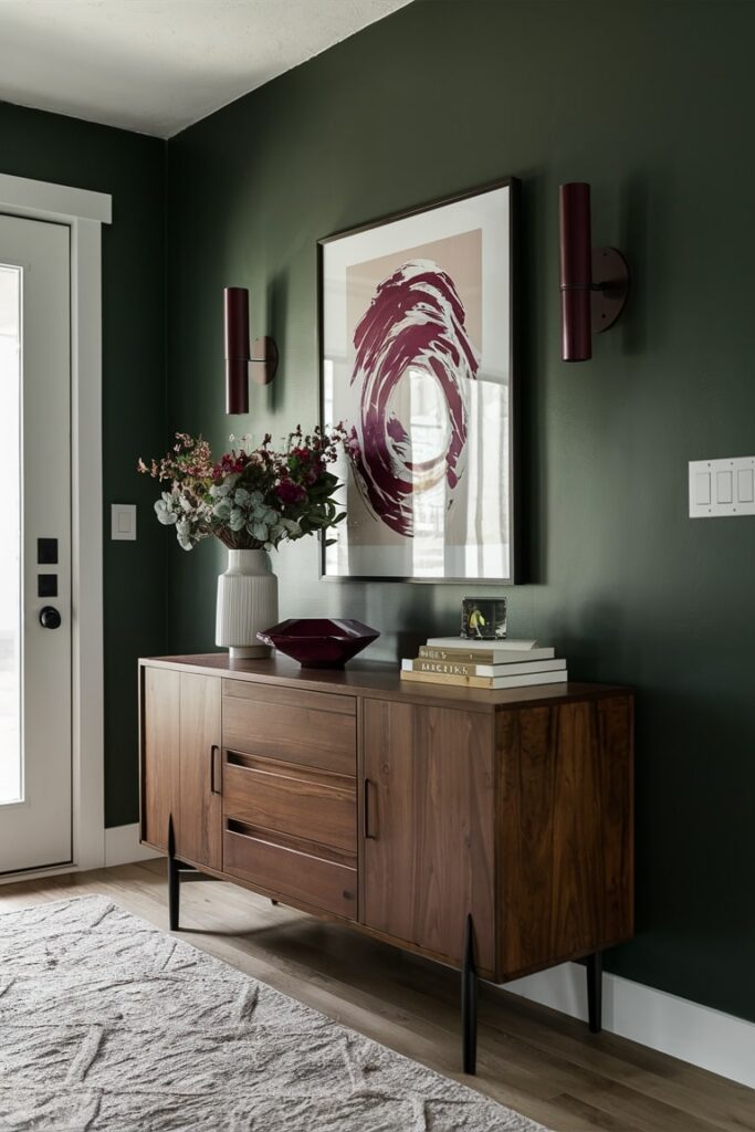 modern dark green entryway with burgundy accent decor, burgundy sconces, wall art