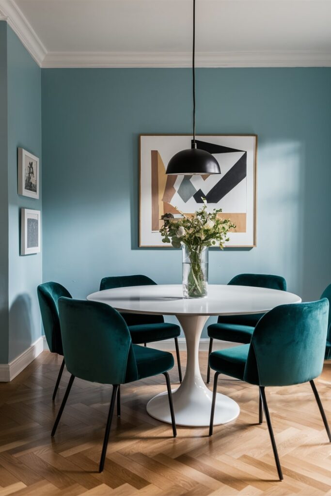 modern dining room with light blue walls and velvet dark green dining chairs