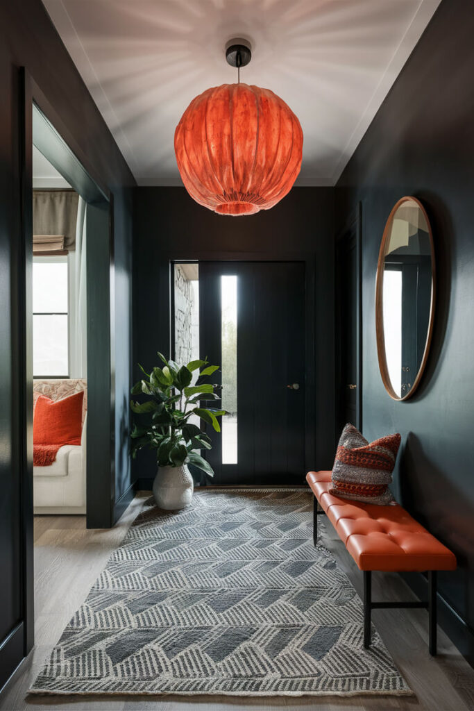 modern entryway in graphite color that goes with orange accents