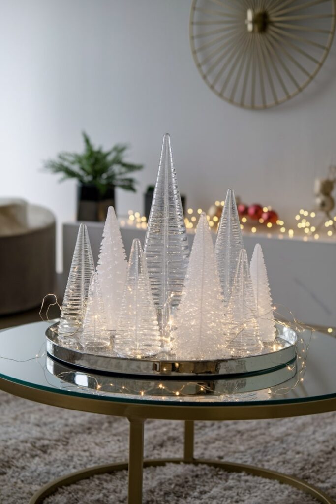 modern glass coffee table with clear and frosted glass Christmas trees