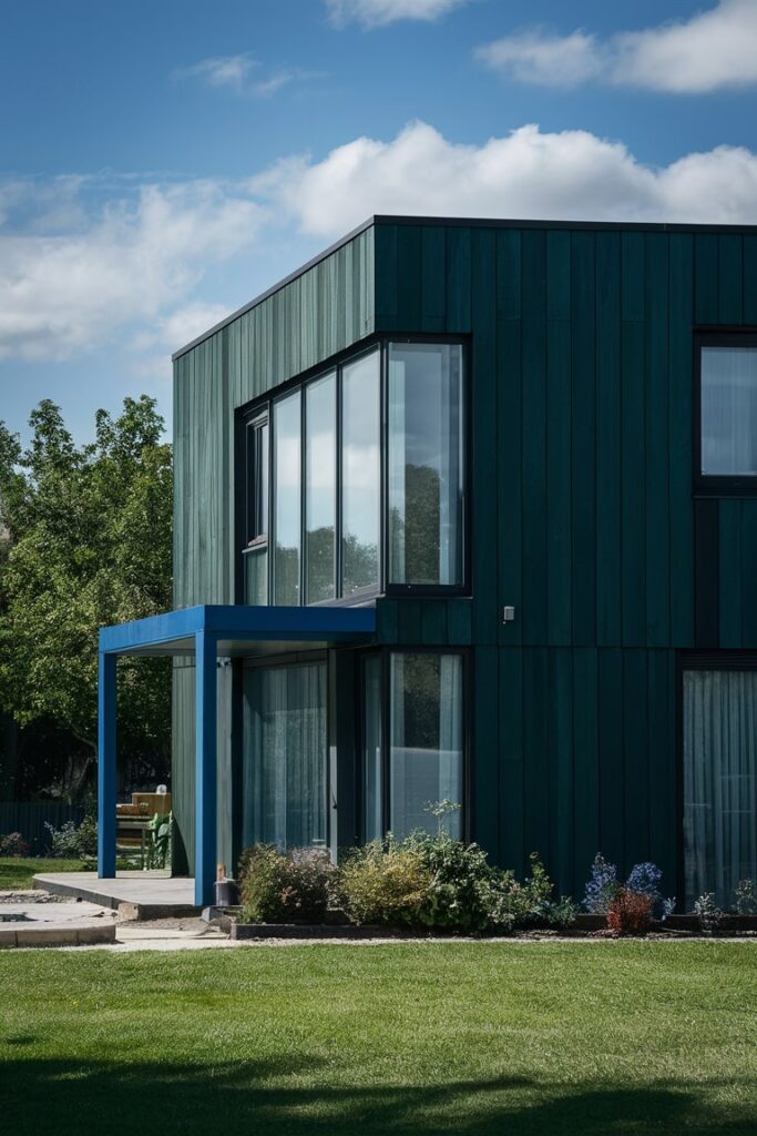 modern house in dark green color with blue accents, blue columns