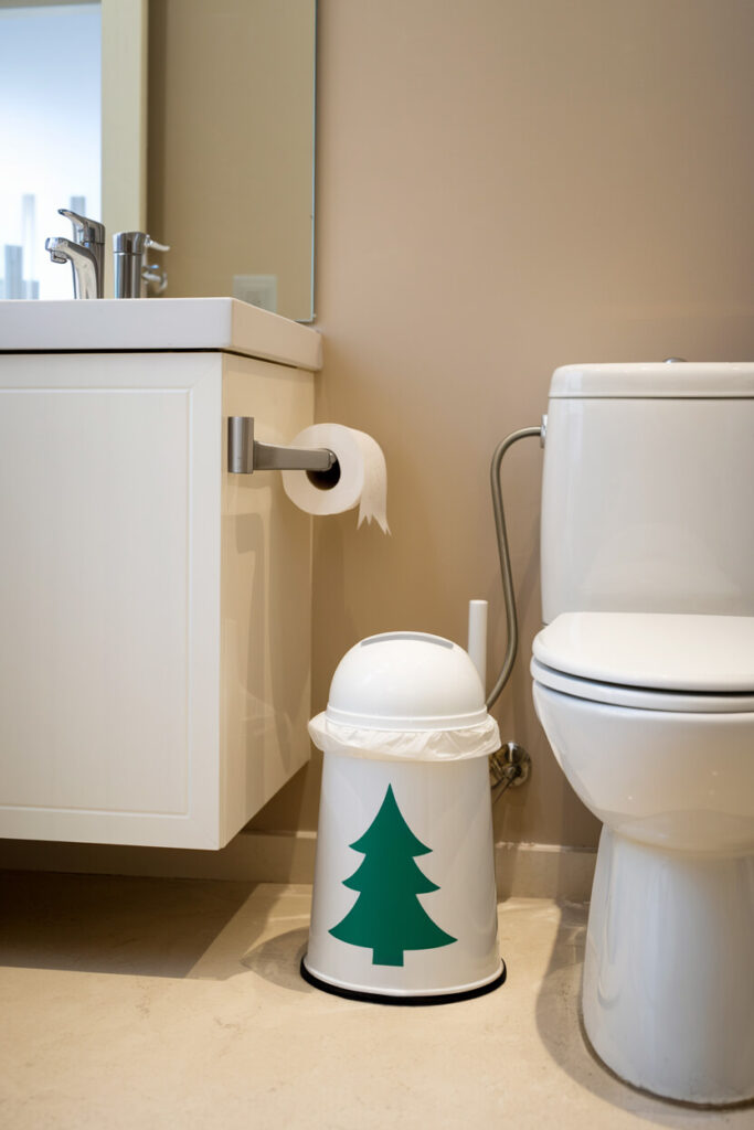 modern light bathroom with Christmas themed white waste bin