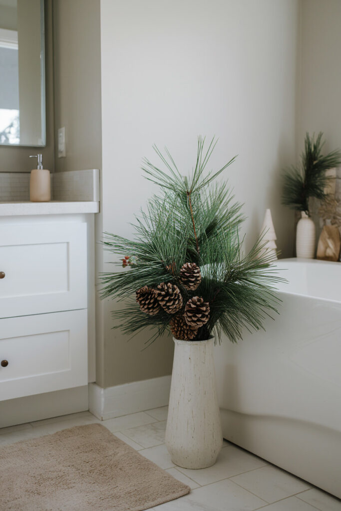 modern light bathroom with pine branches and pinecones as decorations for Christmas in the tall vase next to the bathtub