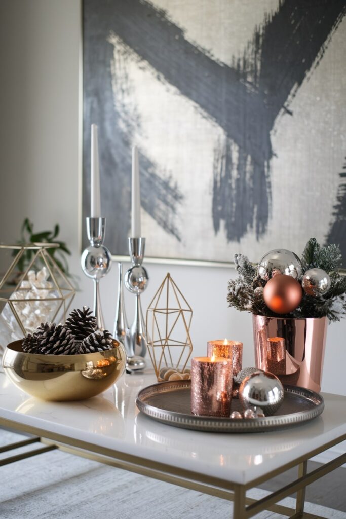 modern metallic mix (copper, silver, and gold) decor on the Christmas coffee table