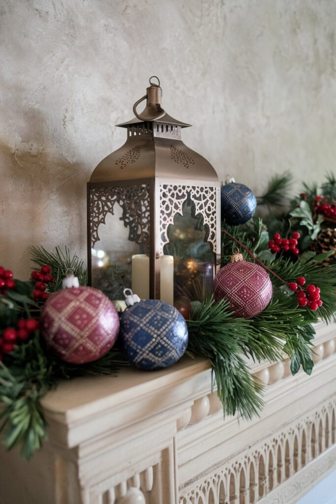 Moroccan inspired jewel tone Christmas ornaments and lantern on the mantel