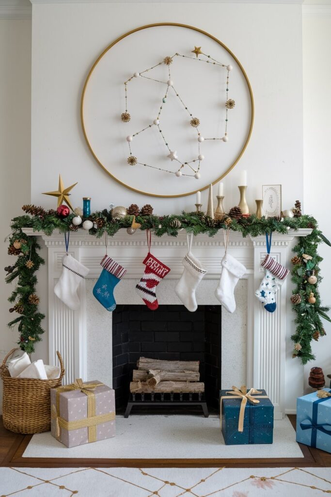 mystical Christmas mantel featuring zodiac stars astrology theme on the wall above