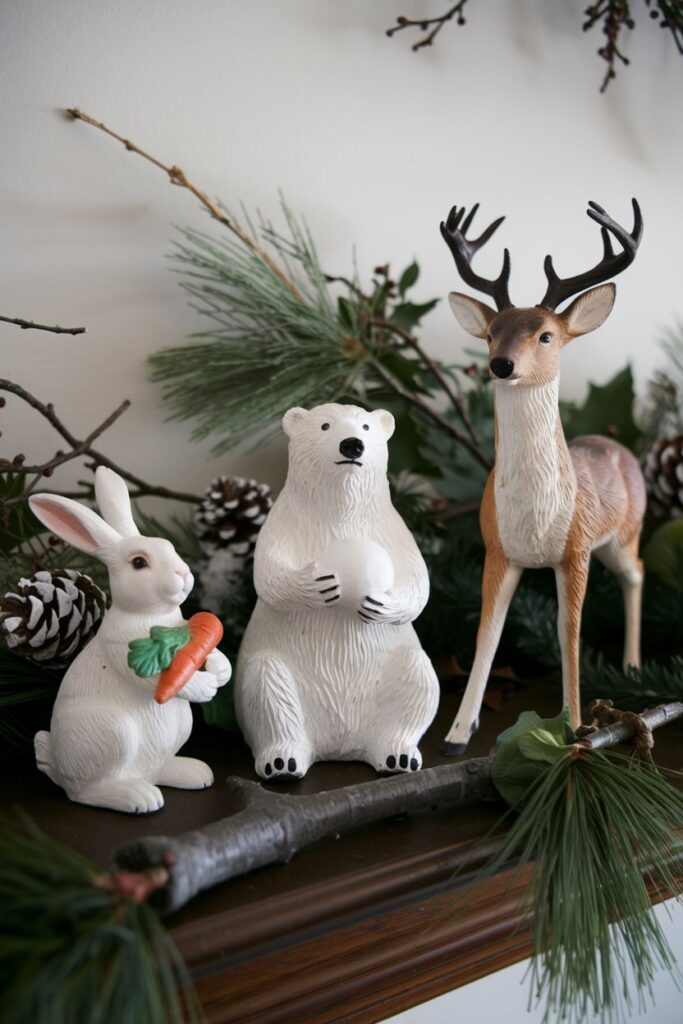 nature inspired woodland creatures figurines on the Christmas mantel polar bear, deer, white rabbit