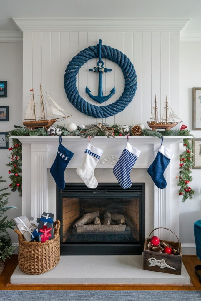 nautical maritime Christmas mantel with ships, anchors, blue and white colors for stockings and decor