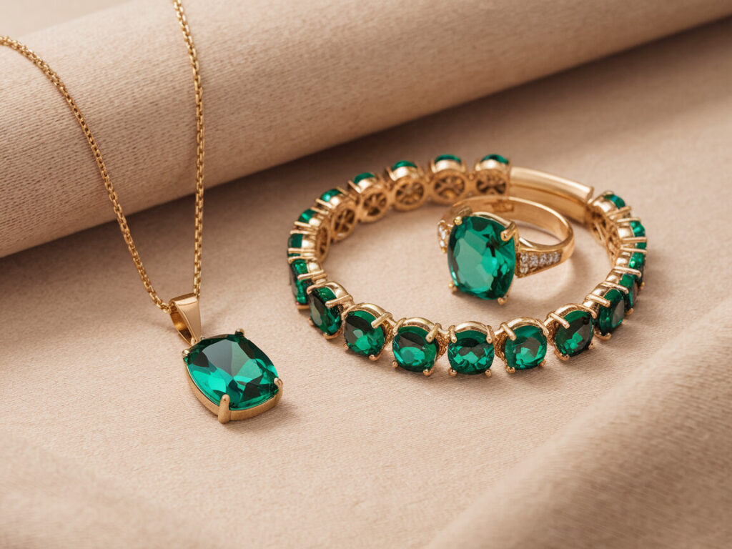 necklace, bracelet, and ring set with emeralds from a jewelry company