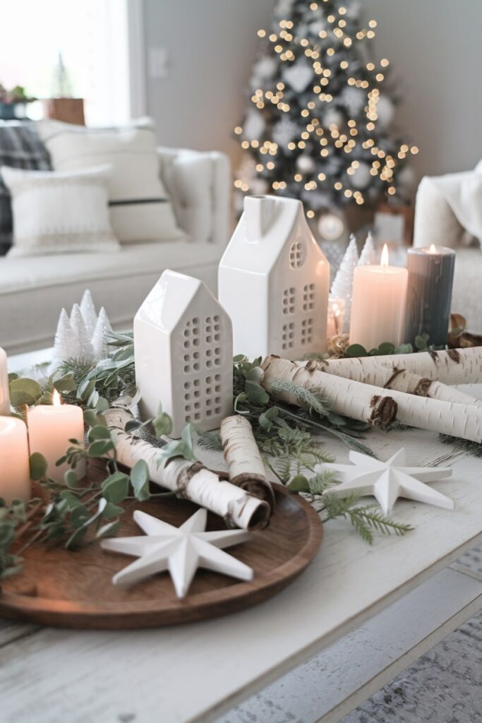 nordic inspired Christmas coffee table with white ceramic houses birch bark Scandinavian vibe