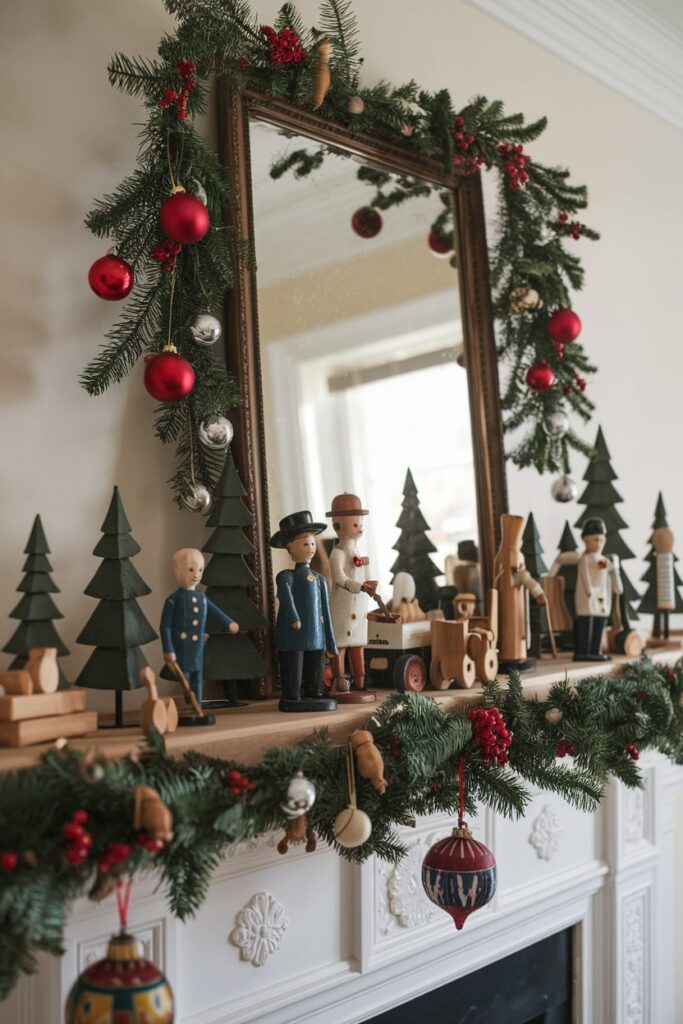 nostalgic display featuring vintage wooden toys on the Christmas mantel