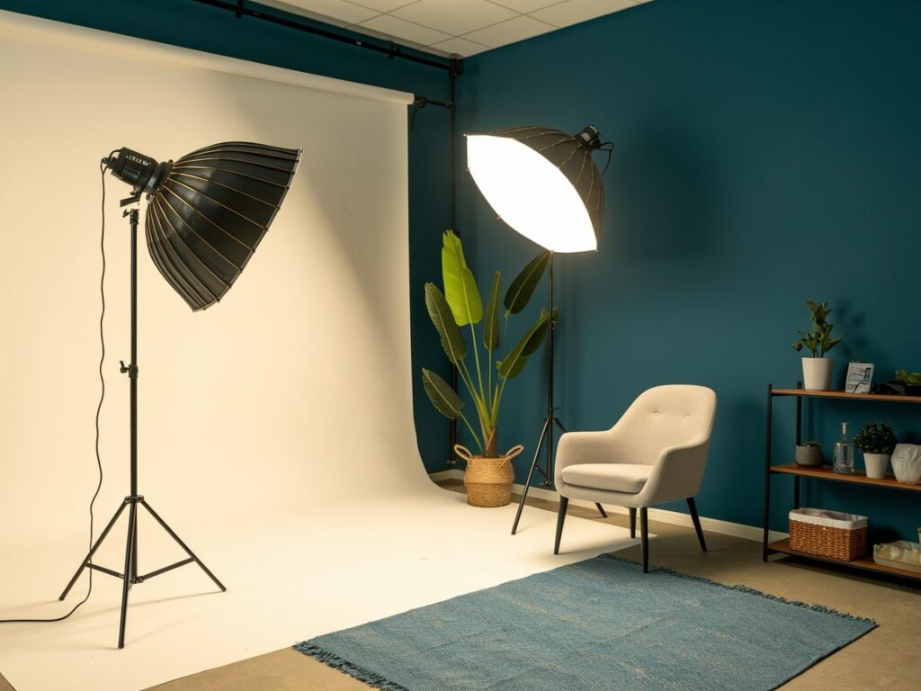 photography studio with studio light, white backdrop, few softboxes, and accent chair