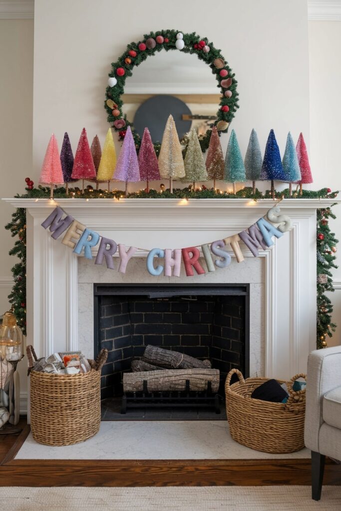 rainbow of bottle brush trees on the mantel, textile words Merry Christmas