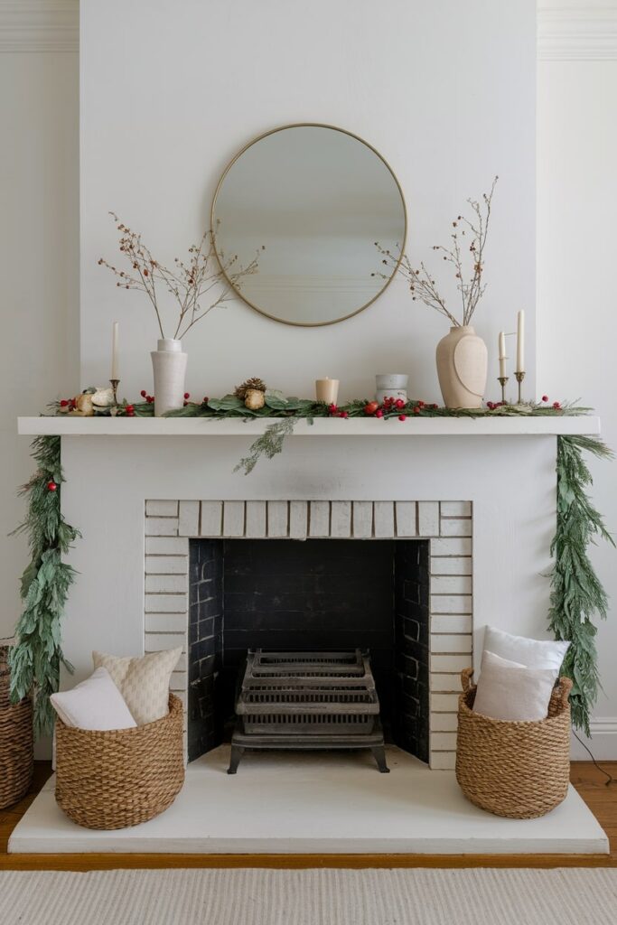 serene, peaceful mantel with minimal decorations for Christmas, tiny branches in vases