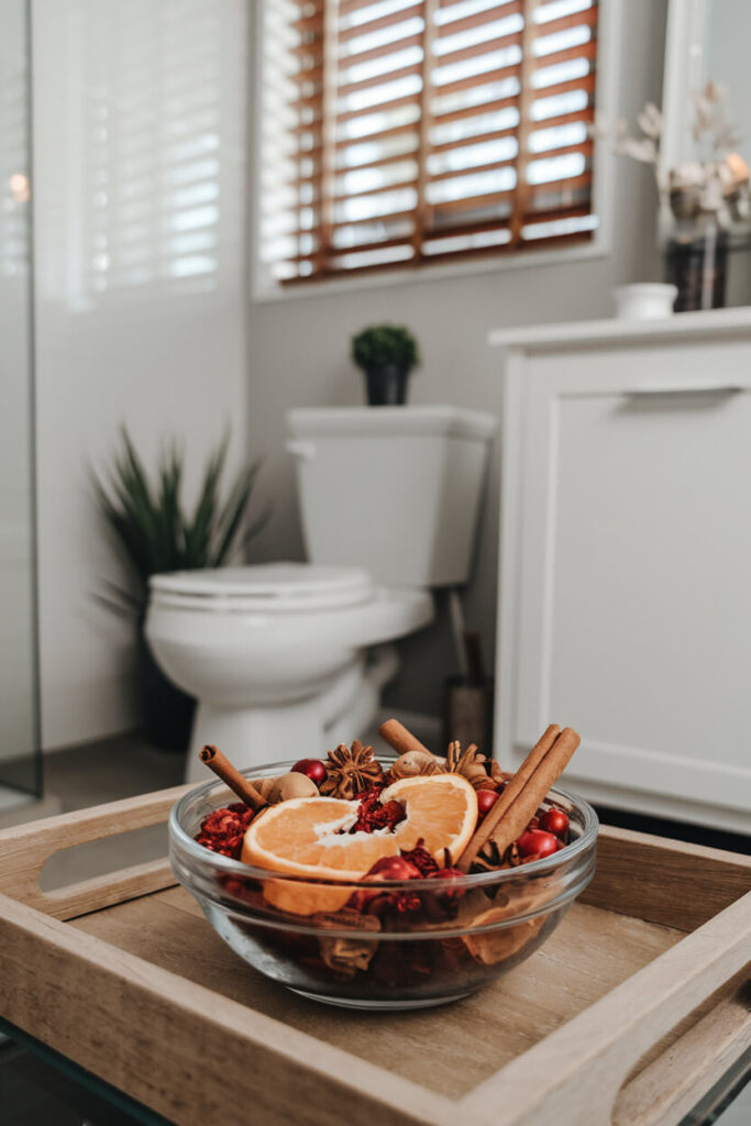 small bowl of holiday scented potpourri as Christmas bathroom decor