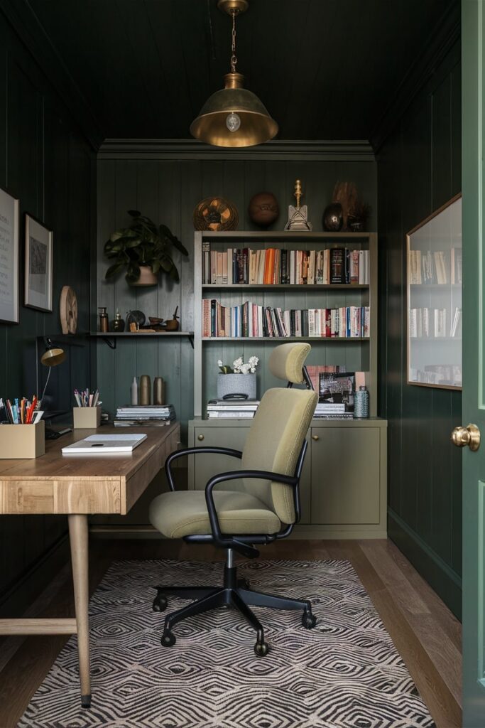 small dark green home office with khaki color furniture, office chair