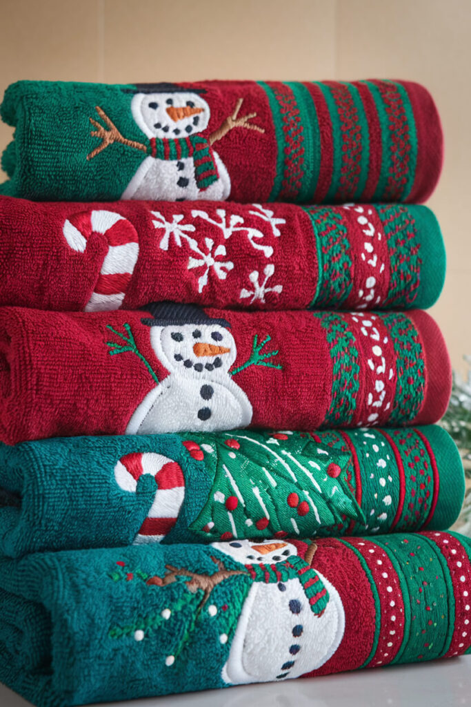 stack of adorable Christmas-themed hand towels red and green colors