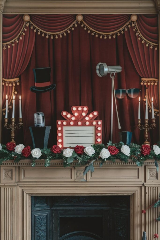 theatrical Christmas fireplace mantel decorations red stage curtains and microphone