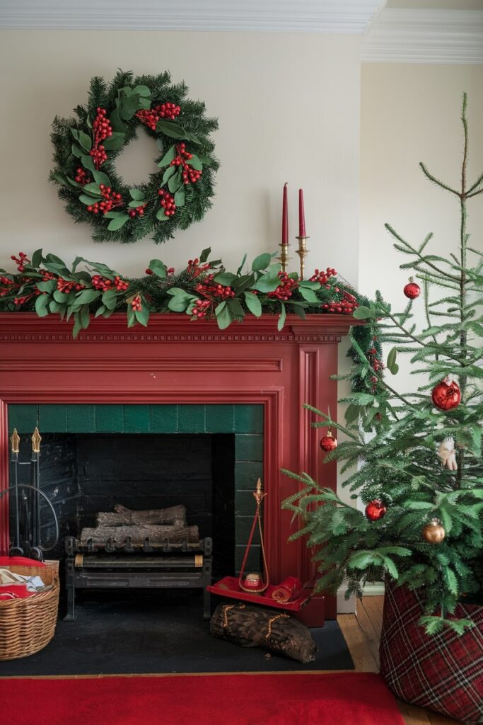 traditional red and green Christmas fireplace arrangement, wreath and red berry garland