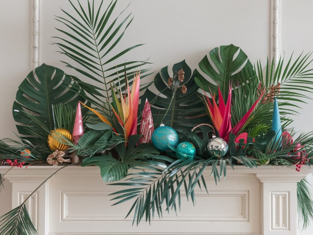 tropical paradise theme for Christmas mantel palm leafs and vibrant ornaments