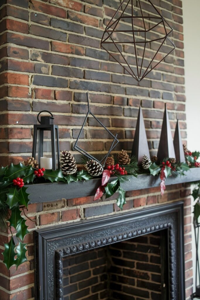 urban inspired Christmas mantel with industrial metal decor and brick wall behind