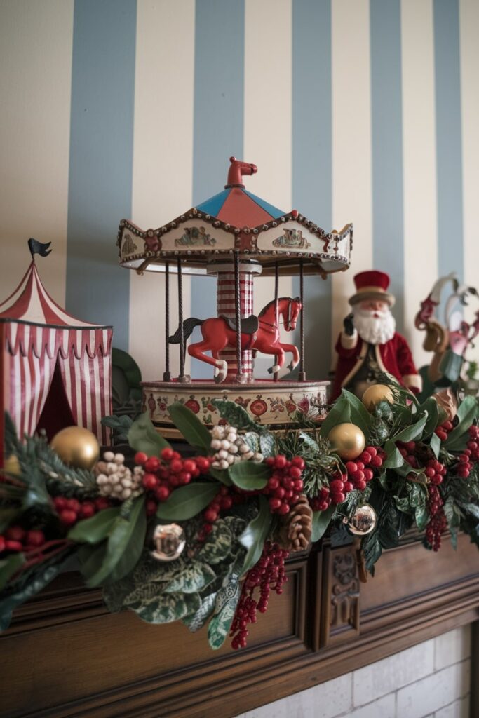 vintage carnival Christmas mantel decor with mini carousel