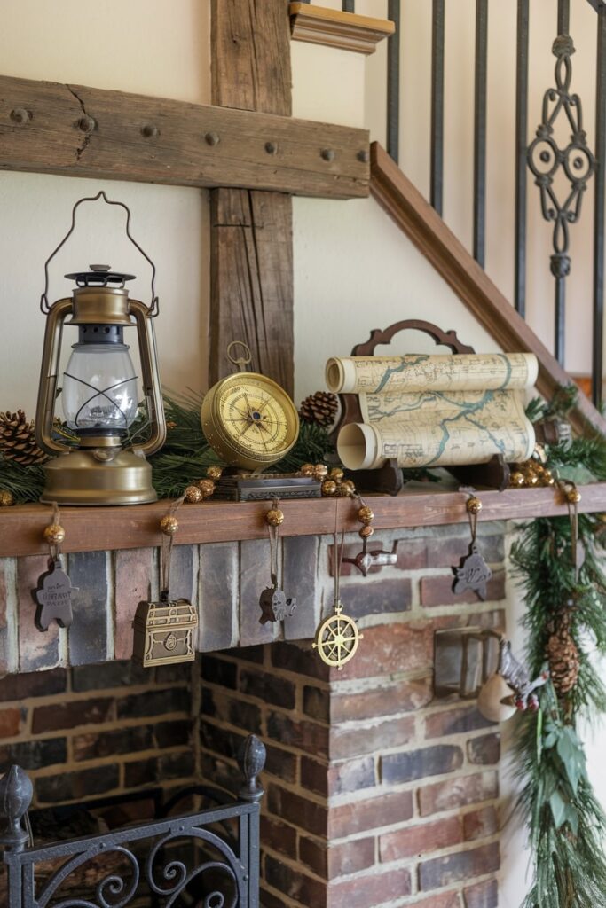 vintage explorer themed Christmas mantel with old map, compass, and lantern