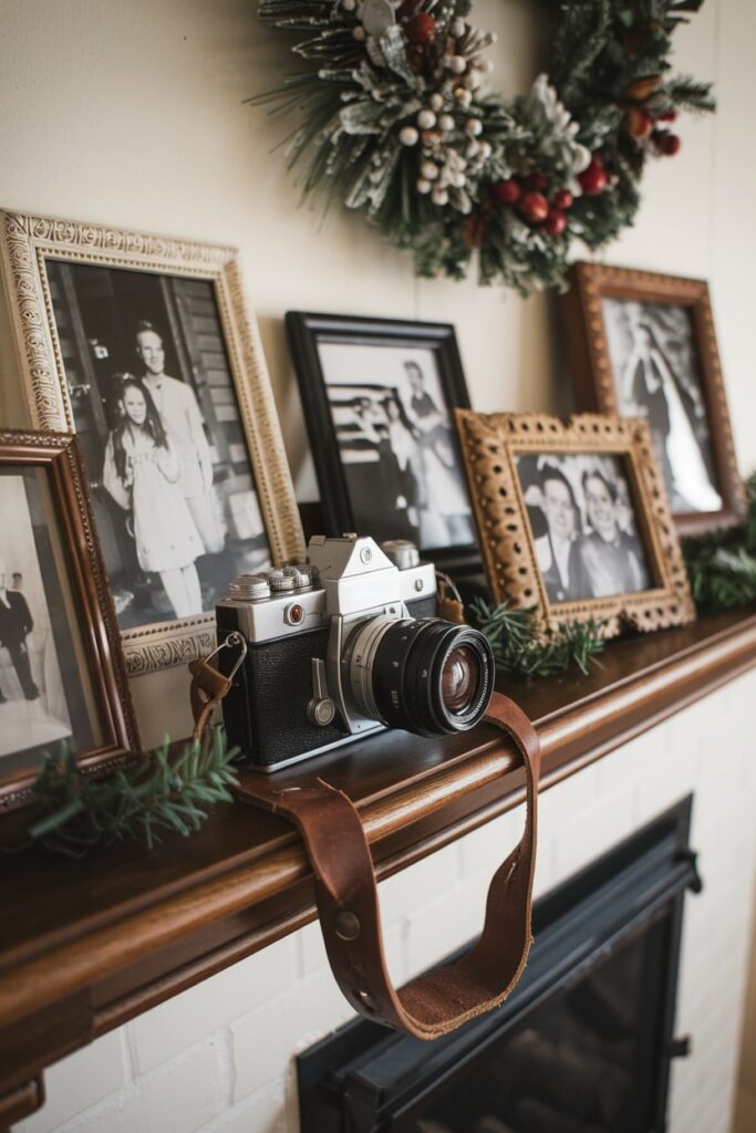 vintage frames with black and white photos as Christmas mantel decor