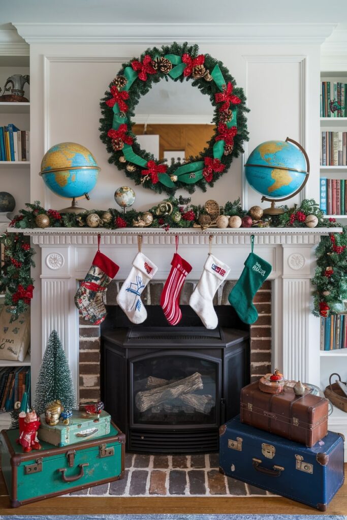 vintage travel-inspired Christmas mantel with globes and vintage suitcases near the fireplace