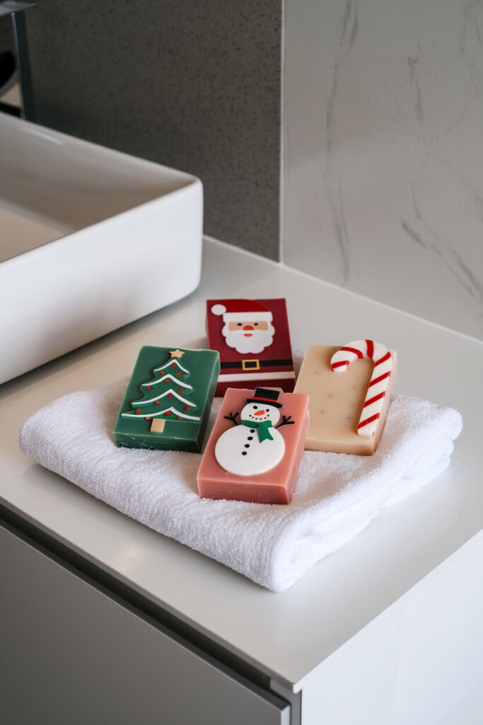 white bathroom countertop with Christmas themed soap bars Santa, snowman, Christmas tree, candy cane