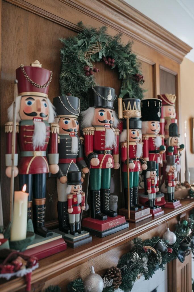 wooden mantel adorned with a collection of nutcrackers in various designs and sizes