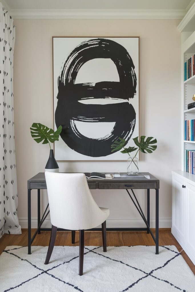 abstract art wall in black and white home office