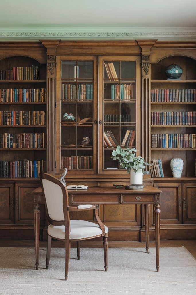 antique bookshelf in the vintage home office, vintage desk and chair