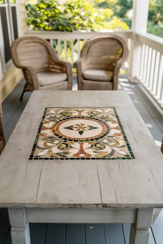 back porch featuring table with mosaic tile inlay