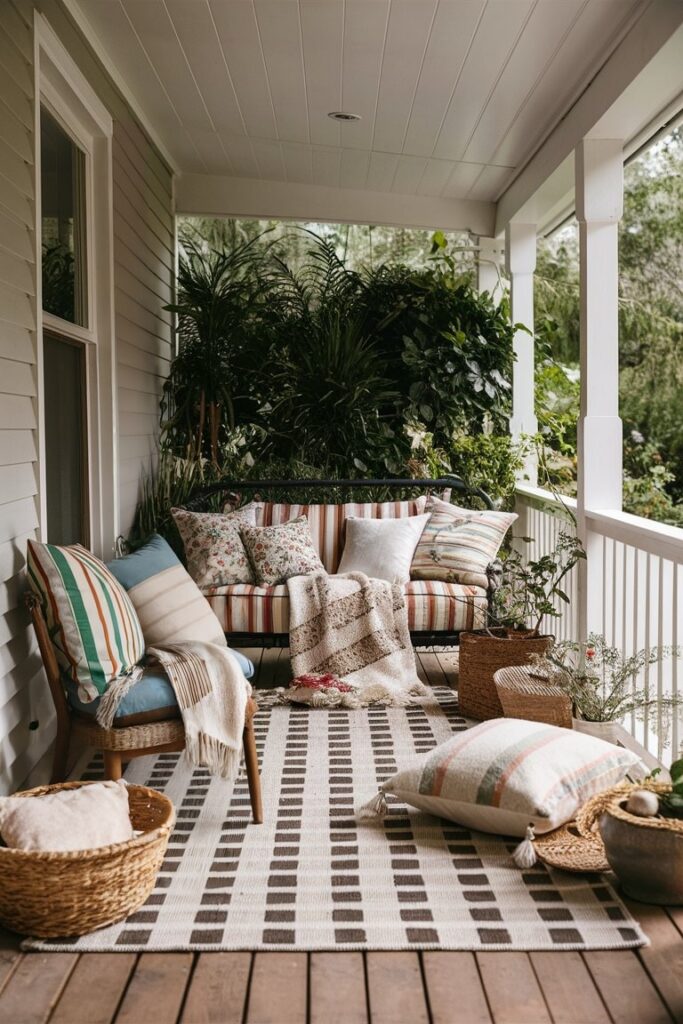 back porch with play of prints and textures in outdoor pillows, cushions, and area rug