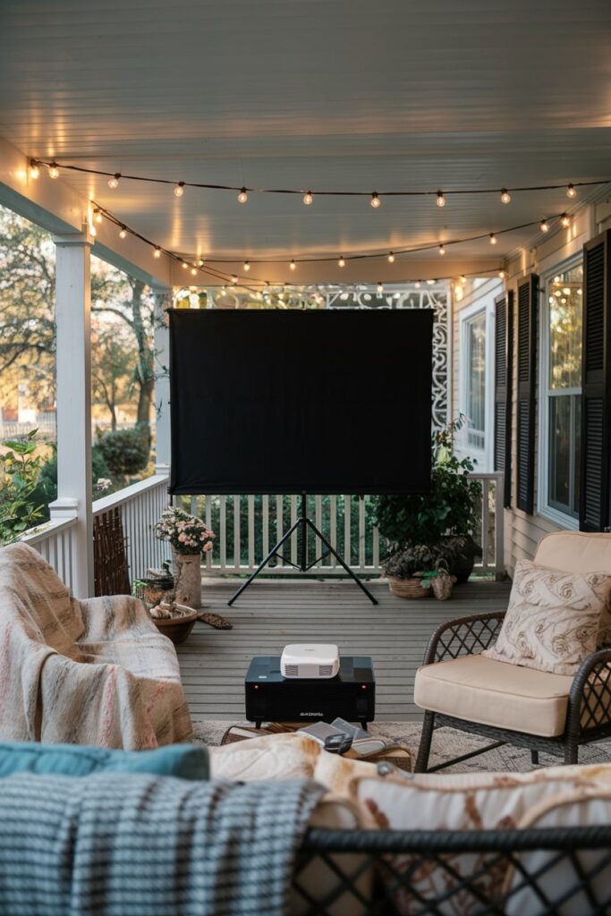 back porch with a black outdoor projector screen