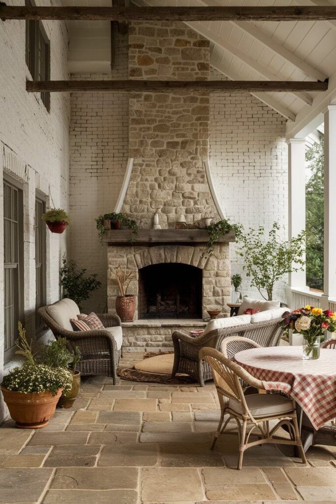 back porch with a large stone fireplace, table